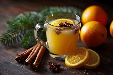 A cozy drink featuring citrus and spices is served with a sprig of greenery, perfect for winter gatherings or festive celebrations that bring warmth and comfort.