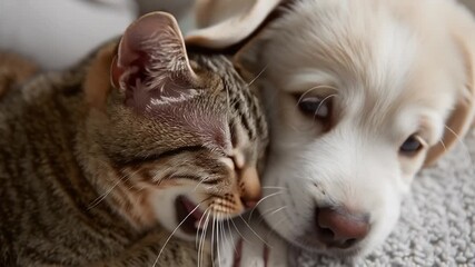 Cat and dog share a heartwarming moment of friendship and affection in cozy setting