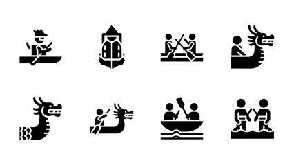 Water sports pictograms: canoeing, rafting, and dragon boating icons in bold silhouette style