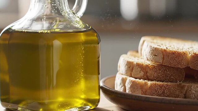 A closeup shot of a glass bottle filled with golden olive oil next to a stack of toasted bread slices on a plate.