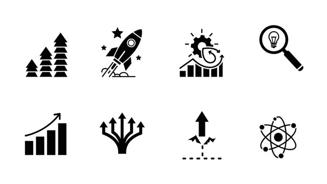 Black silhouette business icons of growth and innovation