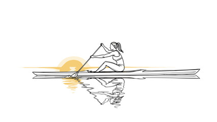 Minimalist line art of woman kayaking at sunset with reflection on water