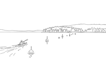 Naklejka premium Minimalist kayaking adventure on scenic lake with buoys and forest horizon