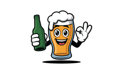 Cartoon Beer Glass Character Holding Beer Bottle