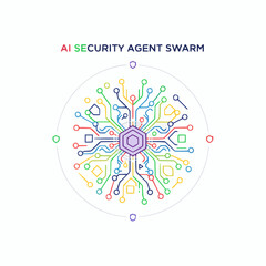 AI Security Agent Swarm Illustration with Circuit Board Design and Multicolored Connections