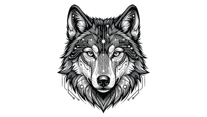 Fototapeta premium Intricate black and white illustration of a majestic wolfs detailed face, captivating gaze.