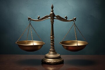 Antique justice scale balancing on wooden desk, symbolizing equality, ethics, and fairness