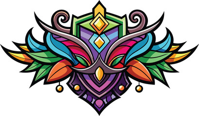 Obraz premium Vibrant stained glass inspired owl mask with colorful feathers and ornate details