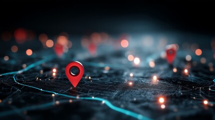 Digital map with glowing red location pins and network grid on dark surface. Geolocation, data visualization, and mapping technology in stylized spatial interface.