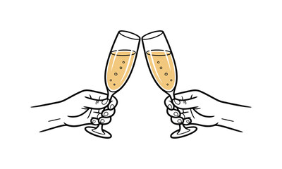 Hands toasting with champagne glasses filled with bubbly liquid
