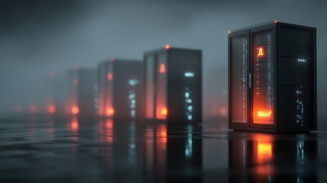 Server racks illuminated with red and blue lights in a foggy data center. Cybersecurity alert, digital infrastructure, and secure network operations in high-tech visualization. - Powered by Adobe