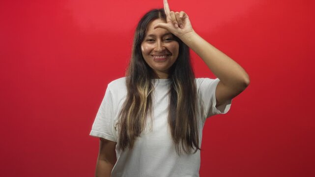 Young latina brunette woman sticking out tongue and making l sign on forehead against a red studio wall; playful youth energy.