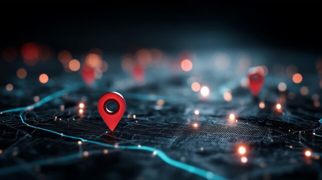 Digital map with glowing red location pins and network grid on dark surface. Geolocation, data visualization, and mapping technology in stylized spatial interface.