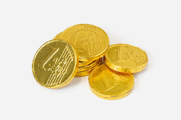 Group of chocolate Euro coins isolated on white background