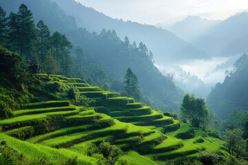 rice terraces in Bali in a background of tropical hills