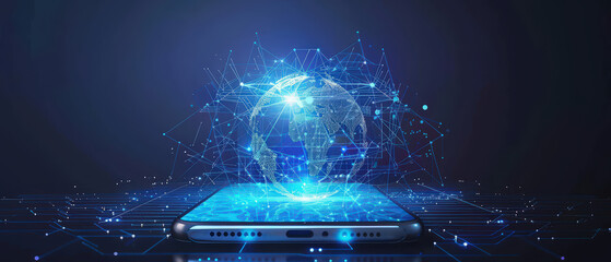 Futuristic smartphone projecting a glowing holographic globe with interconnected digital nodes, symbolizing global communication, high-tech connectivity, data transfer and modern mobile technology.