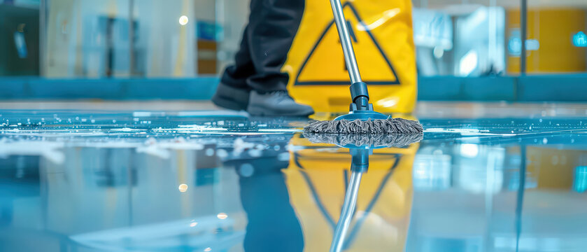 Close-up of professional cleaner mopping wet shiny floor in modern public building with warning sign in background, hygiene, sanitation, safety and maintenance service concept.