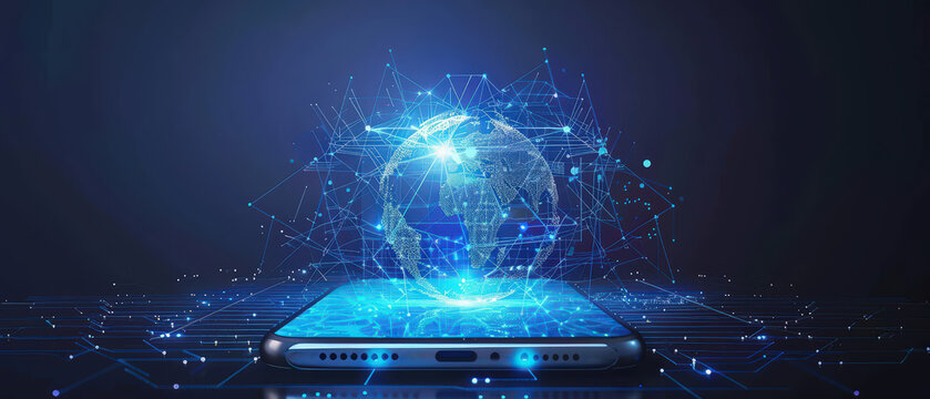 Futuristic smartphone projecting a glowing holographic globe with interconnected digital nodes, symbolizing global communication, high-tech connectivity, data transfer and modern mobile technology. - Powered by Adobe