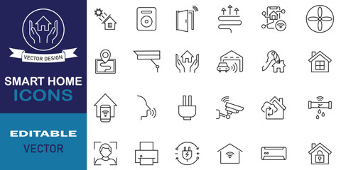 Smart home line icon set. Smart home automation scenario and remote control of device. Set of 24 icons related to smart home. Editable vector illustration.