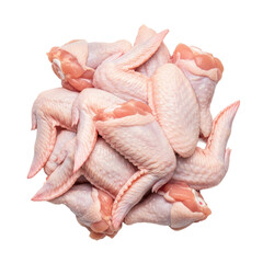 an artfully arranged pile of fresh, raw chicken wings showing detailed textures and moisture on a pristine pure white background, high-quality raw food concept