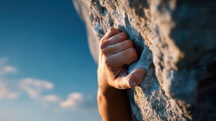 Chalk-covered hand firmly holding a light-colored rock climbing surface