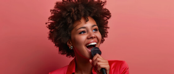 Expressive young female singer performing live with microphone under colorful stage lighting. Concept of music, vocal performance, emotion, creativity and entertainment.