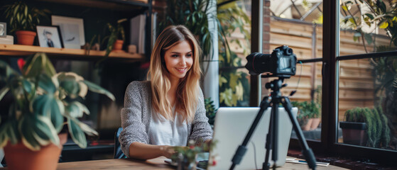 Focused young woman recording an online video lesson at home office using camera and laptop. Remote education, digital teaching, freelance work and modern content creation indoors.