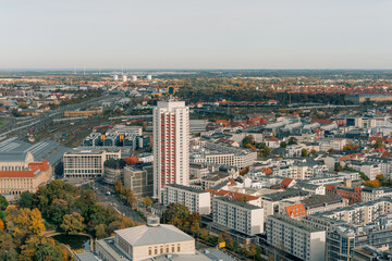 Obraz premium The drone aerial view of Leipzig, Germany. Leipzig is the largest city in the German federal state of Saxony