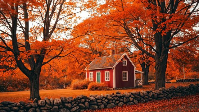 Vibrant autumn scenery: red house amidst lush orange foliage and stone wall