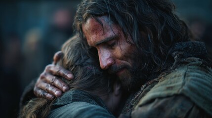 A man embraces a woman in a close moment showing emotion in a historical context. The setting appears to be from a past time with people around them.