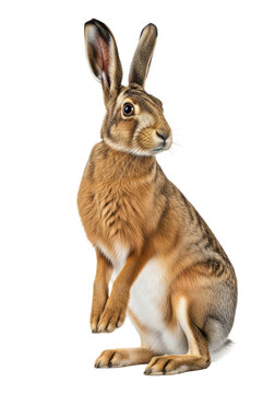 A majestic european hare on its hind legs in a dramatic profile, rich variegated brown coat and upright ears, intense curiosity and alert engagement portrait atmosphere