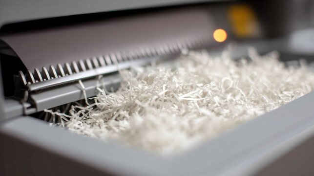 Close-up of white shredded paper inside the collection bin of a shredder