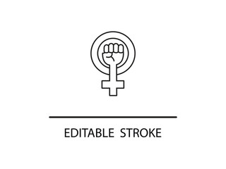 Empowering female symbol with raised fist in circle.