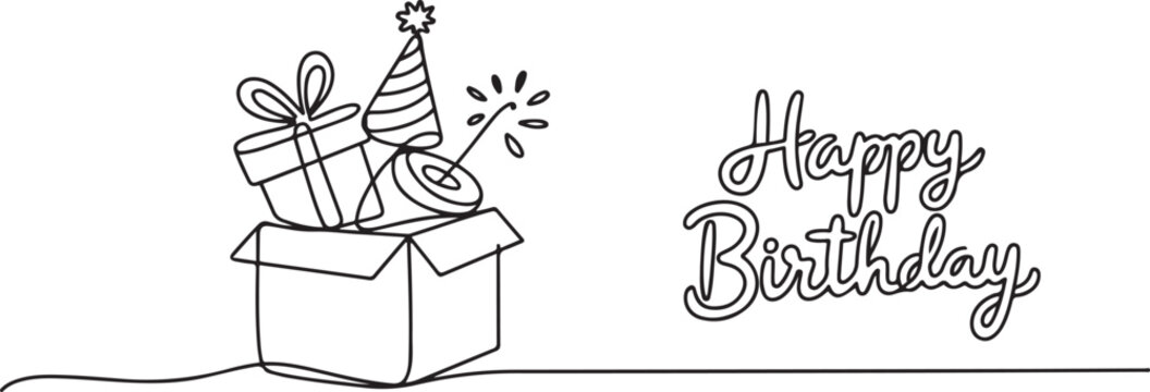Continuous one line drawing template gifts box with party concept. Bday presents cardboard box or banner template with happy birthday typography. one line Icon drawing