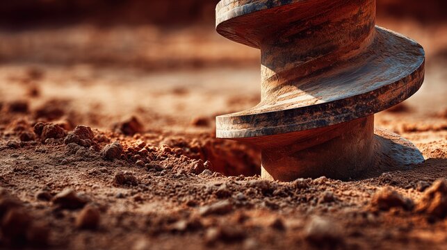 Close-up of a large rusty metal auger drilling into dry, reddish-brown soil