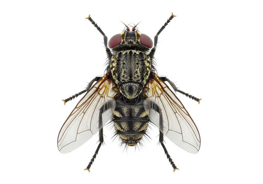 Hyper-detailed housefly, overhead macro shot displaying hairy thorax, six legs, and veined transparent wings on a clinical white surface. Scientific documentation atmosphere