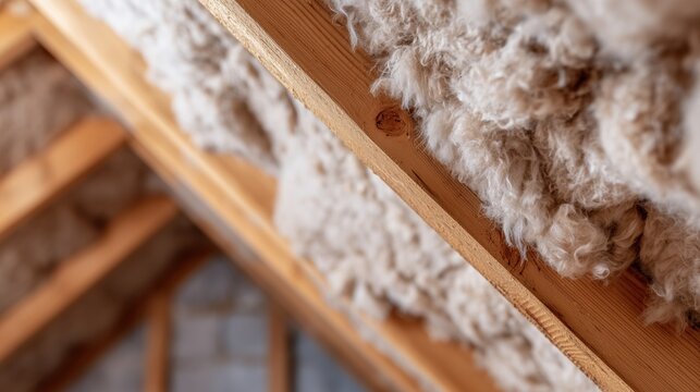 Close-up of thermal insulation material installed between wooden roof rafters