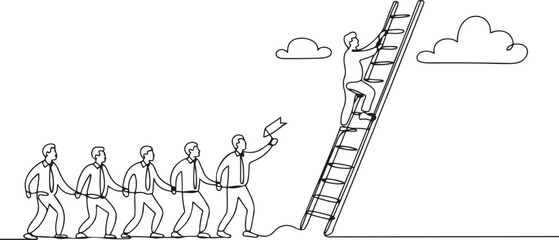 One continuous line drawing of team members support their leader to climb the ladder to reach the sky to reach the success. Trendy business teamwork concept. one line Icon drawing © Mofazzelh