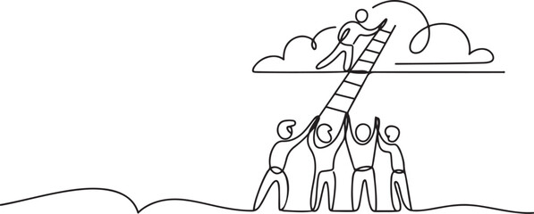 One continuous line drawing of team members support their leader to climb the ladder to reach the sky to reach the success. Trendy business teamwork concept. one line Icon drawing © Mofazzelh