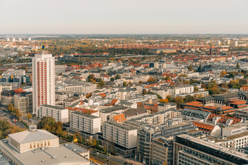 Obraz premium The drone aerial view of Leipzig, Germany. Leipzig is the largest city in the German federal state of Saxony