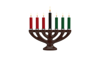 Traditional wooden kinara candelabra holding seven lit Mishumaa Saba candles in symbolic red, black, and green for the cultural celebration of the Kwanzaa holiday