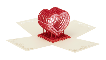 Red three-dimensional pop-up greeting card with an intricate laser-cut heart sculpture unfolds from a cream-colored base with delicate filigree corners for a romantic occasion