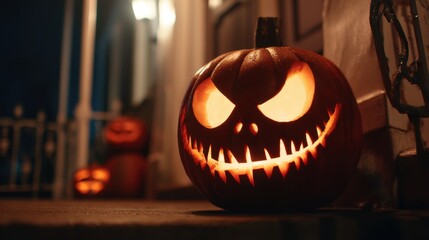 A carved pumpkin with an eerie face sits on a porch. The warm orange glow from its eyes lights up the steps. More pumpkins are visible in the background creating a festive atmosphere.