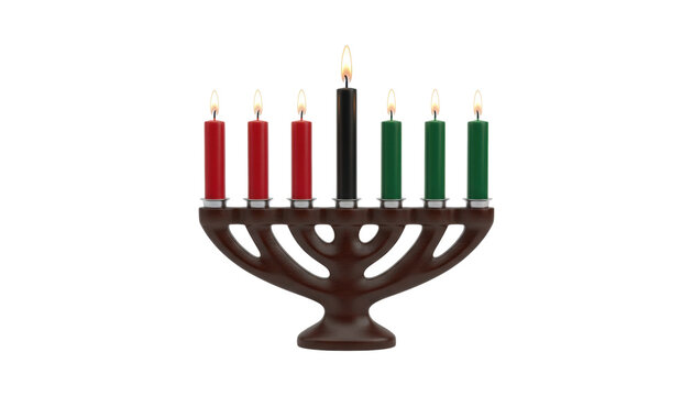 Traditional wooden kinara candelabra holding seven lit Mishumaa Saba candles in symbolic red, black, and green for the cultural celebration of the Kwanzaa holiday