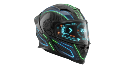 Futuristic carbon fiber motorcycle helmet with glowing blue and green neon accents features a high-tech heads-up display on its visor showing speed and system status