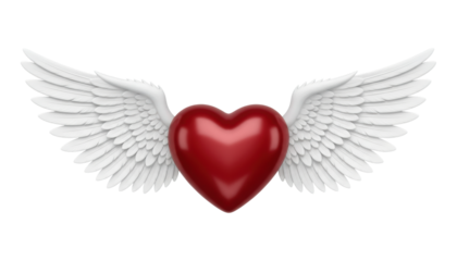 Glossy three-dimensional red heart with large white angelic wings spread wide is a beautiful and romantic symbol of pure love, affection, and freedom for Valentine's Day