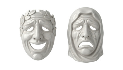 Two white theatrical comedy and tragedy masks symbolizing drama and emotion are shown side by side with a glossy ceramic finish and classic ancient style