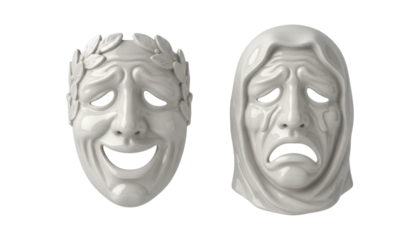 Two white theatrical comedy and tragedy masks symbolizing drama and emotion are shown side by side with a glossy ceramic finish and classic ancient style