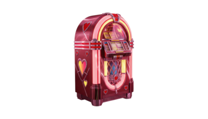 Beautiful vintage pink and red jukebox with glowing heart decorations and warm neon lights, showcasing a classic retro design for romantic music lovers
