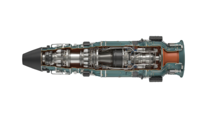 Detailed cross-section of a jet engine shows the intricate internal mechanics, compressor blades, and combustion chamber in a technical illustration style